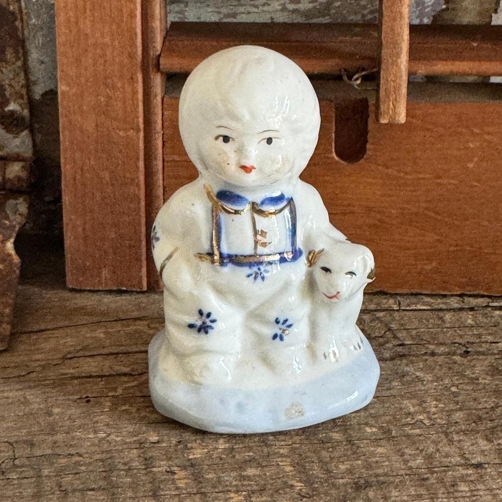 Vintage Ceramic Child and Dog Figurine Blue White Gold Gilt Hand Painted 3.75"